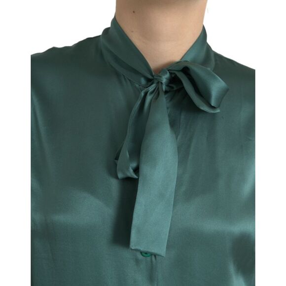 Dolce & Gabbana Dark Green Silk Ascot Collar Blouse Women's Top Tees - Short Sleeve